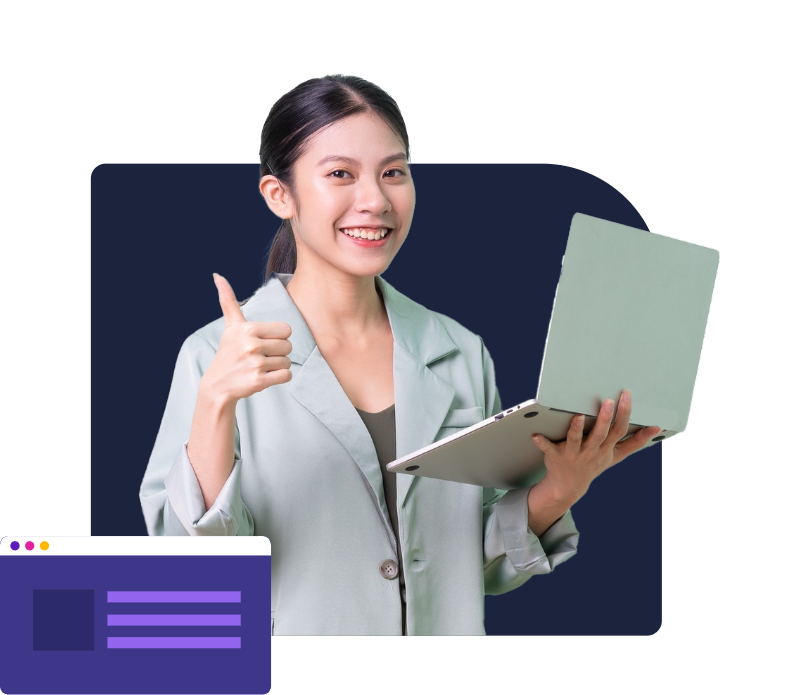 Professional woman giving a thumbs up while holding a laptop
