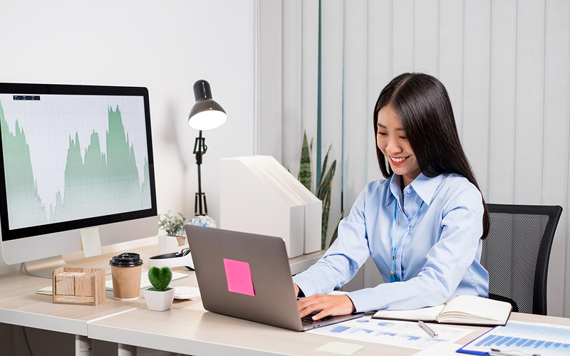 Business professional managing company financial data on a laptop.